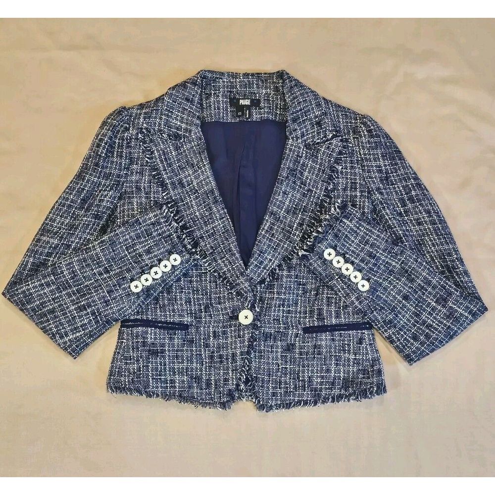 Paige Chelsea Tweed Blazer Linen Blend Rayon Lined Button-Down Navy Size XS